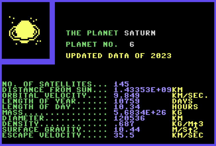 Solar System 2023 – Commodore 64 – Basic V2